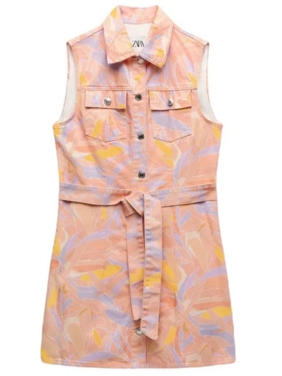Zara Sleeveless Belted Denim Dress in Peach Lavender Yellow - Picture 2 of 8